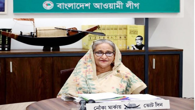 Ruling Awami League president and prime minister Sheikh Hasina virtually addresses a public rally organised by AL as part of its campaign of 12th general election in six districts, on Saturday. -- BSS